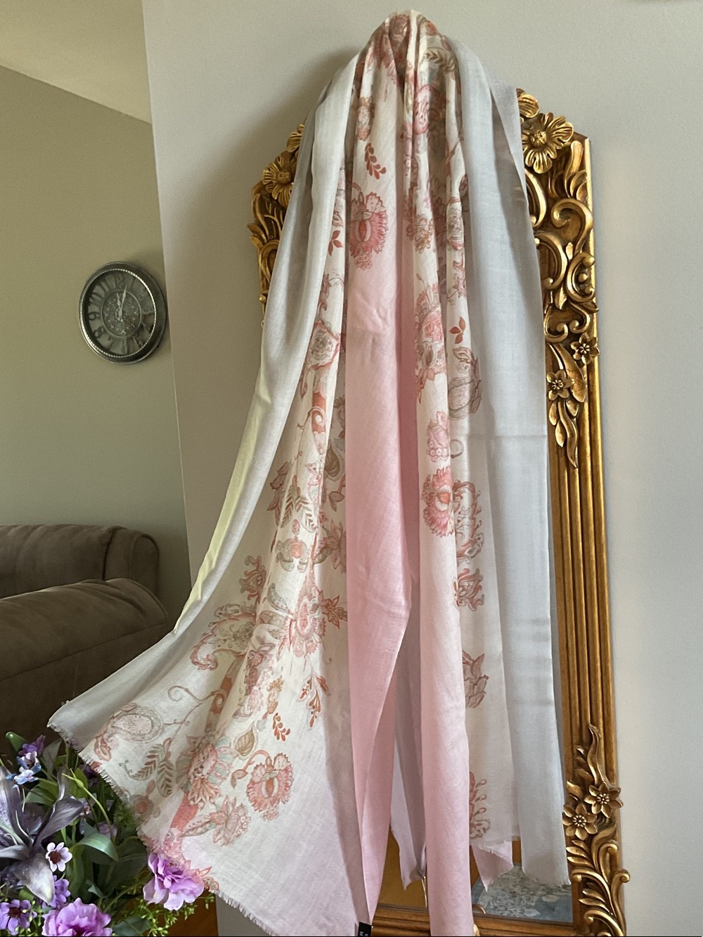 100% Cashmere Light Pink Blue and Ivory Floral Scarf - Luxury Elegant Wrap